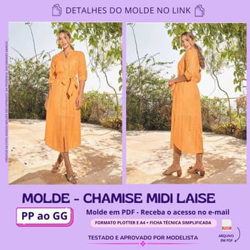 Molde de roupa em pdf - chamise midi laise vestido de lési com amarração e botões