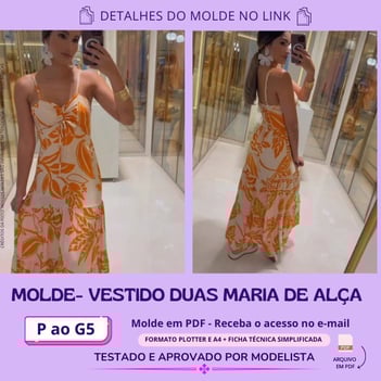 Molde de roupa em pdf - vestido duas maria de alça elegante e fresco para o verão estampado laranja comprido