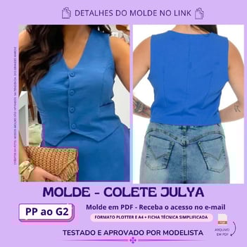 Molde de roupa em pdf para imprimir - Colete com botões gola V regata cavado azul com botões encapados alfaiataria