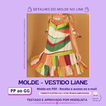 Molde de roupa em pdf - vestido liane babados amarração estilo hippie colorido corte em A
