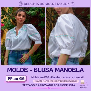 Molde de roupa em pdf - blusa manoela manga bufante tecido leve maga 3/4 com amarração no decote moda verão social