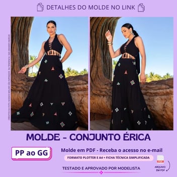 Molde de roupa em pdf - conjunto érica com saia longa de babados 3 marias e cropped com franja estilo hippie elegante verão