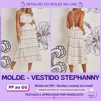 Molde de roupa em pdf - vestido sthephanny moda verão com amarração em fio nas costas corte midi fendas na barriga