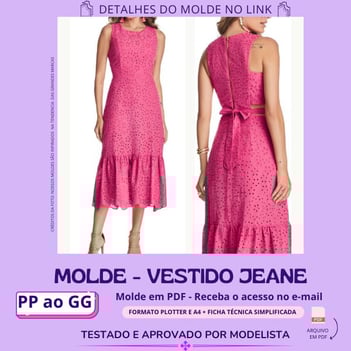 Molde de roupa em pdf - vestido jeane rosa com babado amarração e zíper