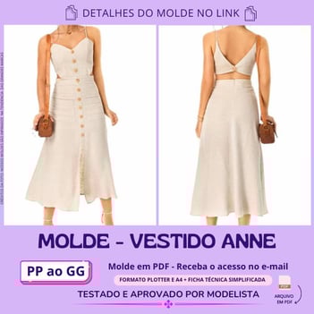 Molde de roupa em pdf - vestido anne moda verão costas nua botões alcinnha fenda na barriga a mostra