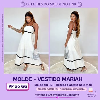 Molde de roupa em pdf - vestido mariah elegante moda verão corte midi comprido com leise detalhes