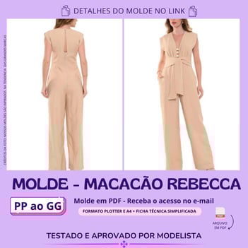 Molde de roupa em pdf - Macacão Rebecca elegante verão bege nude com amarração na frente botões e decote V