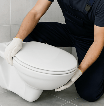 a man in a blue overalls and gloves is holding a toilet