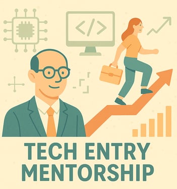Mentor guiding a young woman upward, symbolizing tech entry mentorship