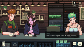 Capture d'écran de Coffee Talk sur PC où l'on voit trois personnages qui discutent.