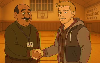 A young man shaking hands with a mentor at Lincoln’s Challenge Academy gymnasium, a pivotal moment in his leadership journey.
