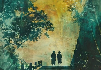 Two people walking on a forest path, symbolising guidance and care.