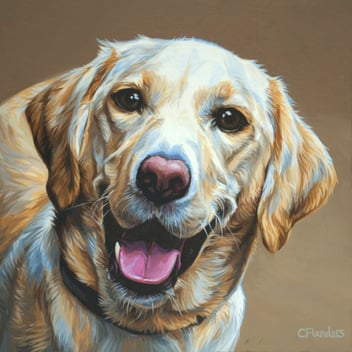 a painting of a yellow labrador with a smiley face