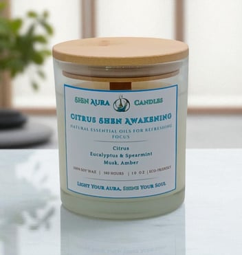 A Shen Aura Candles 'Aroma-Nectar-Therapy' candle with a wooden lid, featuring a white label with te