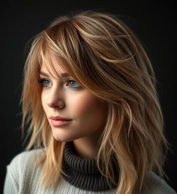 woman with brown hair and Butterfly Bangs