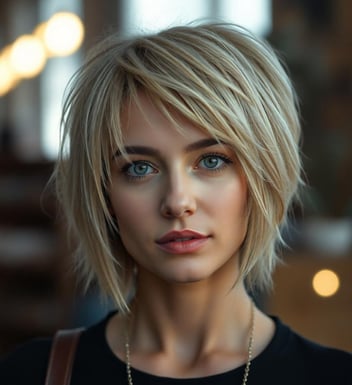 Woman with a short blonde shag haircut