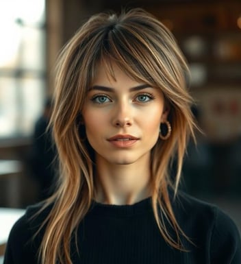 a woman with a very long hair and blue eyes