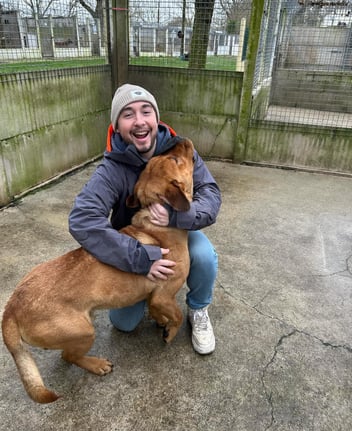 a man is holding a dog and a dog