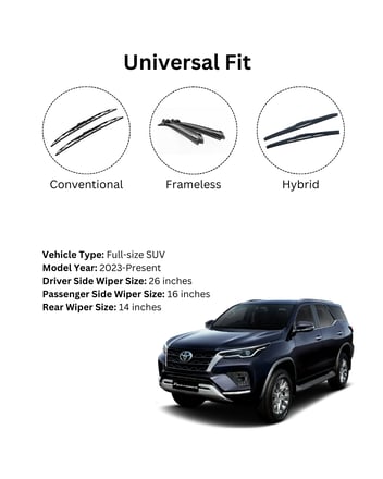 Toyota Fortuner wiper blade sizes – 26 16 12 inches