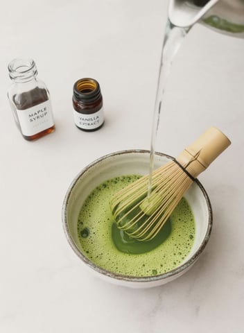 Whisking matcha with hot water, maple syrup and vanilla