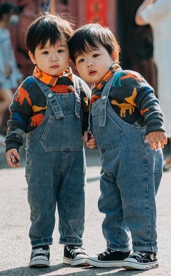 Rongzhiyue: Two children in denim overalls