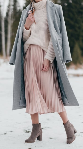 a woman in a pleated blush tone midi skirt, chunky cream sweater, grey wool coat, and ankle boots