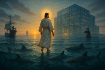 a man in a robe is walking through a body of water