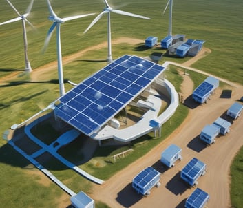 A landscape featuring a large solar panel array in the foreground, with a modern wind turbine to the left. Behind the renewable energy installations, an industrial facility with multiple chimneys and storage tanks is visible under a clear blue sky.