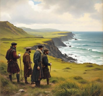 Scottish golfers in kilts hiking coastal cliffs with ocean views, capturing golf's historic roots.
