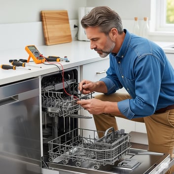 a man in a blue shirt is fixing a dishwasher