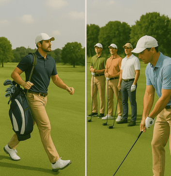 Split image: solo golfer walks fast to next hole; group waits on tee, showing pace differences.