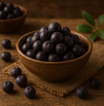 a bowl of plums with a few small açai berries