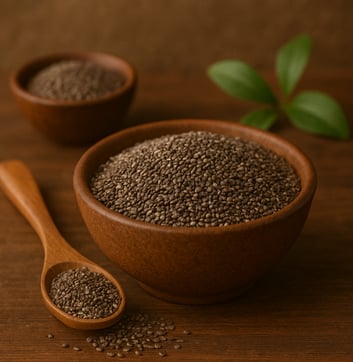 a bowl of chia seeds and a wooden spoon