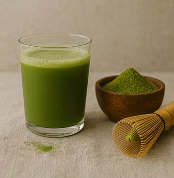 a glass of green tea with matchsticks
