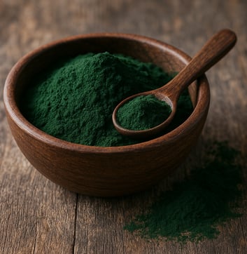 a wooden bowl of spirulina with a wooden spoon