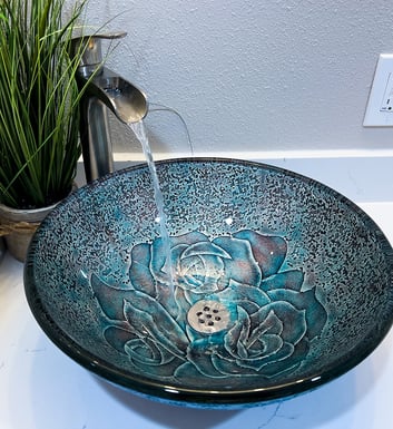 Vessel sink with waterfall faucet in Sunnyvale ADU bathroom remodel   