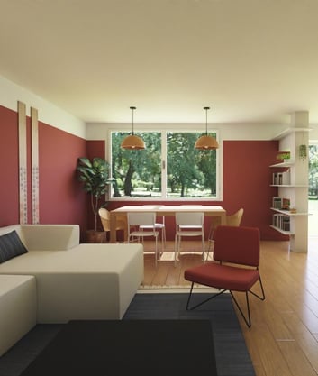 3D salon rouge et beige japandi