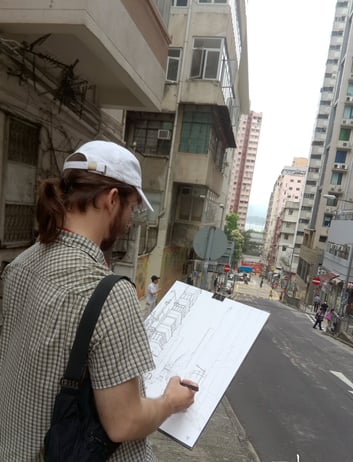 City sketcher Evgeny Bondarenko in Hong Kong
