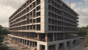 A construction site covered with blue scaffolding is visible. Several signs and banners advertising construction companies and services are attached to the scaffolding. There are details indicating restoration work being done, including contact information and project descriptions.