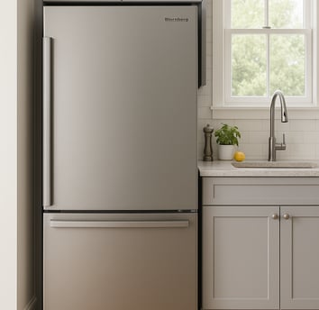 Blomberg fridge in a modern kitchen with gray cabinets and a quartz countertop.