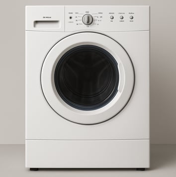 Front-load Admiral washing machine in a modern laundry setting, placed beside a detailed list of com