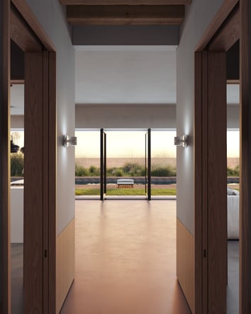 3D rendering of modern hallway with glass doors, natural light, elegant wooden features, and green outdoor view.