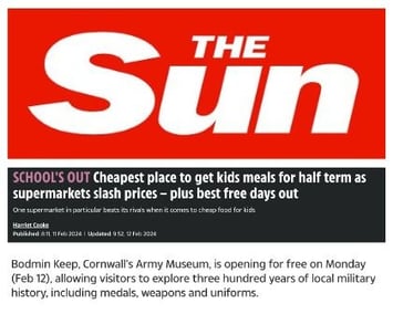 Bodmin Keep mentioned in The Sun article: "Schools Out! Cheapest place to get kids meals for half term