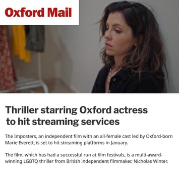 Oxford Mail article graphic. "Thriller starring Oxford actress to hit streaming services