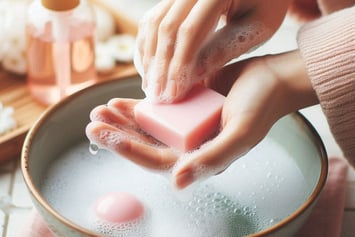 hand washing with soap above a basin of water