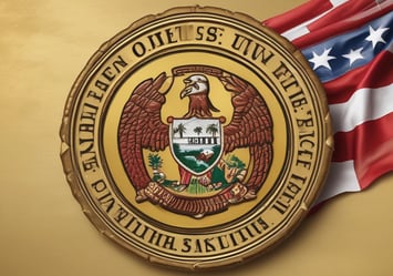 A golden sign with the emblem of a seated figure holding a staff, surrounded by detailed engravings and the words 'REPUBLIC FRANCAISE' and 'NOTAIRE'. The sign is attached to a building with ornate architectural details visible in the background.