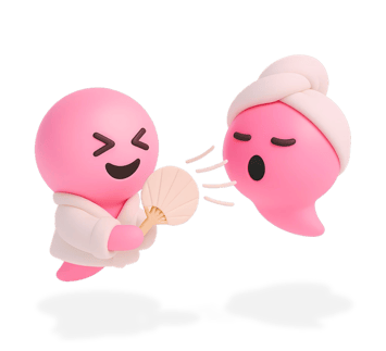Two cheerful pink Blabit bubbles interacting - one wearing white robes holds a fan while the other appears surprised
