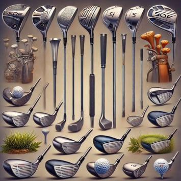 A detailed illustration of different types of golf clubs, including drivers, woods, irons, and wedge