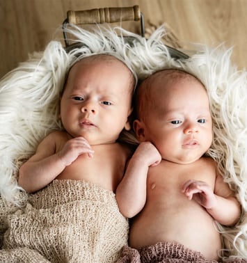 Jumelles nouveau-nées installées côte à côte dans une caisse – séance naissance à domicile Gard