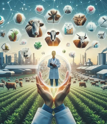 La imagen muestra a una científica en un entorno agrícola, rodeada de iconos que representan la bio
